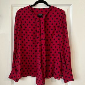 St.John Red & Navy Polka Dot Silk Blouse Shirt with Neck Tie Size 4